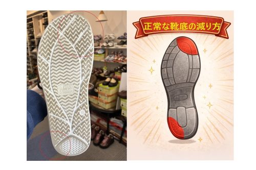 正常な歩行による靴底の減り方｜かかとの外側と前足部が自然に削れる実例と図解