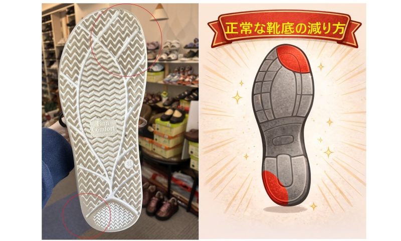 正常な歩行による靴底の減り方｜かかとの外側と前足部が自然に削れる実例と図解