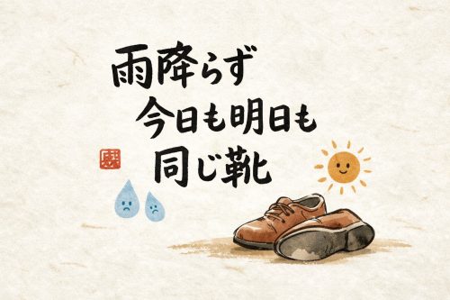 雨降らず今日も明日も同じ靴という川柳と革靴のイラスト