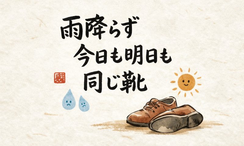 雨降らず今日も明日も同じ靴という川柳と革靴のイラスト
