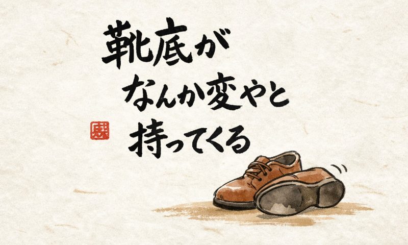 靴底がなんか変やと持ってくるという川柳と擦り減った靴底のイラスト
