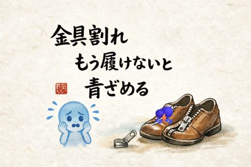 壊れたファスナースライダーと革靴を描いた川柳アイキャッチ画像
