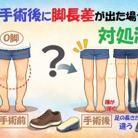O脚手術前後の脚の比較イラスト。O脚矯正手術により膝の位置が変化し、術後に脚長差が生じるケースを説明した図。
