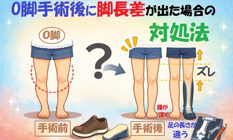 O脚手術前後の脚の比較イラスト。O脚矯正手術により膝の位置が変化し、術後に脚長差が生じるケースを説明した図。